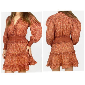 House Of Harlow Dress 1960 Size Med Orange Rust Floral Wallis Ruffle Mini Boho